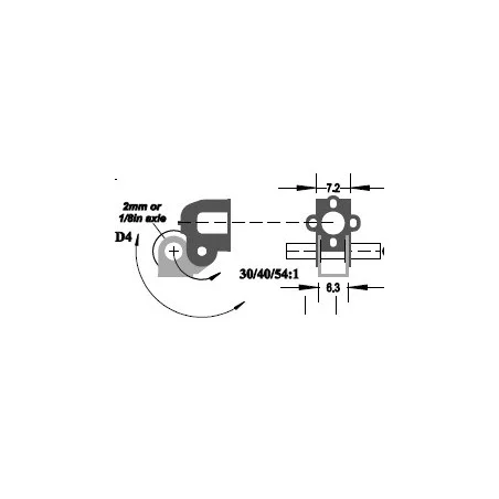 Getriebe 2-stufig. Übersetzung 54:1, Achse Motor 1,5 mm, Achse Ausgang 2,0