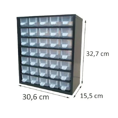 Schubladenbox Metall schwarz 35 Schubladen. Höhe : 32.7 cm. Breite : 30.6 cm