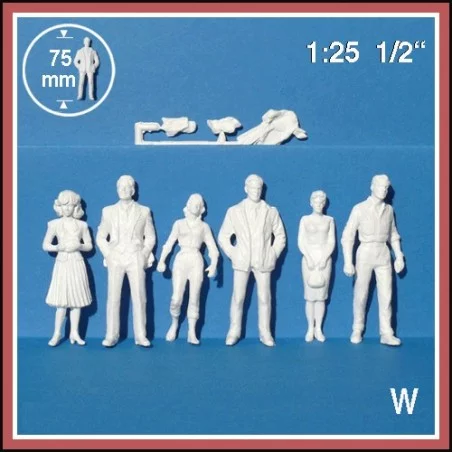 Personnages 3D 1:25. 6 figurines blanches, debout